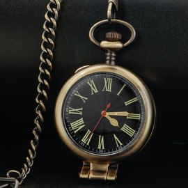 Tiong Transparent Cover Pocket Watches Quartz Roman Numerals Men Arabic Numerals with Chain&Box(Bronze-R)