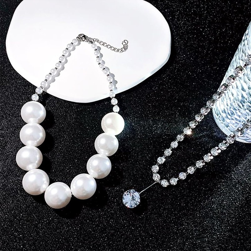 Rhinestone Pearl Pendant Necklace Set for Women Shiny Layered Adjustable