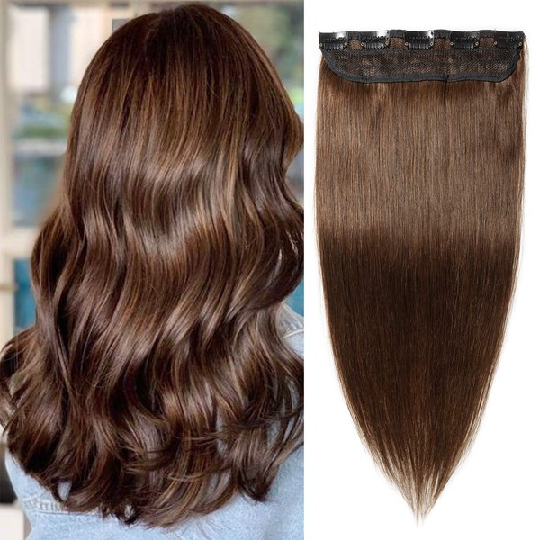 S-noilite 20inch Wavy One Piece Clip in Extensions Human Hair Curly 5 Clips Thick 3/4 Full Head Clip on Hair Extensions Long for Women #4 Medium Brown