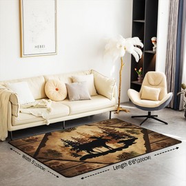 Moose Cabin Area Rug Retro Brown Wooden Stripes Farmhouse Non Slip Rug for Kids Teens Adults Pine Cones Trees Wild Animal Paw Print Non Shedding Rug for RV Housewarming 3'x5'