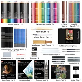 Shuttle Art 116 PCS Drawing Kit, Complete Drawing Supplies with Sketch Pencils, Colored Pencils, Graphite, Charcoal Sticks, Professional Drawing Tools and Paper Pads for Artists, Beginners and Kids
