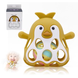 Farout Penguin Rattle - Teething Ring Baby & Montessori Toy - Oball Motor Skills Toy Baby Rattle for Newborns & 0-6 Months - Baby Toy from 3 Months, Gift for Boys & Girls (Mango)
