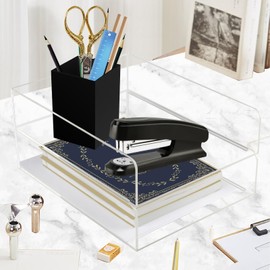 Crehatos Letter Tray Paper Organizer, Stackable Paper Tray Clear Desk Organizer Desk Accessories Tray for Office Home School Supplies, 2 Pack Vertical