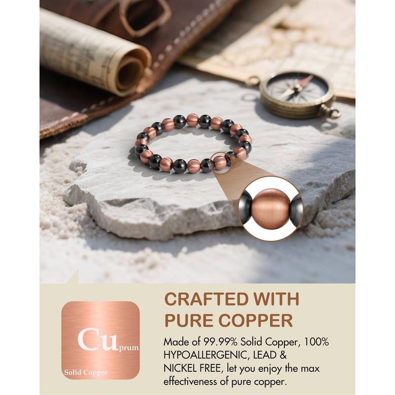Feraco Pure Copper Magnetic Bead Bracelet for Men Women, 8mm
