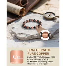 Feraco Pure Copper Magnetic Bead Bracelet for Men Women, 8mm 99.99% Solid Copper & 3500 Gauss Magnetic Hematite Beads, Unisex Stretch Wristband, Gift-Ready Jewelry