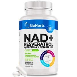 BioHerb® | NAD+ Riboside Potenciado con Resveratrol 98%, Quercetina, NMN y Betaína HCL con 60 Cápsulas de Alta Concentración de Polifenoles, Licopeno y Betacaroteno – Calidad Premium y Absorción Potenciada