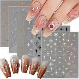 Flower Star Heart Nail Art Stickers Decals 3D Self Adhesive Nail Stickers Nail Art Supplies Colorful Laser Stickers Star Flower Heart Nail Designs Manicure Tips Charms Nail Decoration 6 Sheets