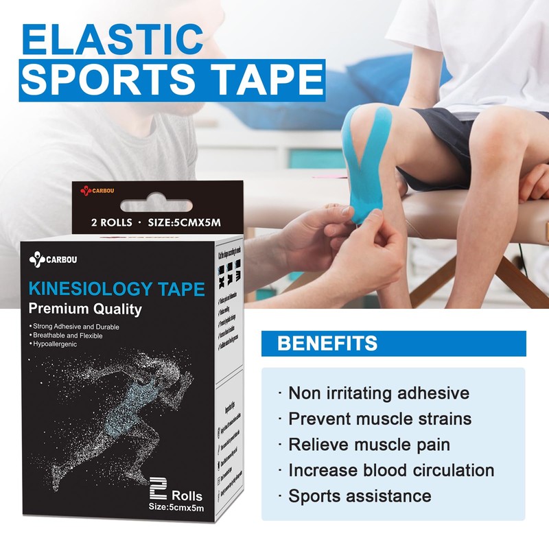 Carbou Kinesiology Tape 5cmx5m-2 Rolls Water Resistant Strips,Elastic Cotton Athletic