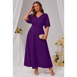 Nmoder Plus Size Maxi Dress for Women Wedding Guest Casual Summer Party Dresses A Line Long Flowy V Neck Short Sleeve Purple 2X