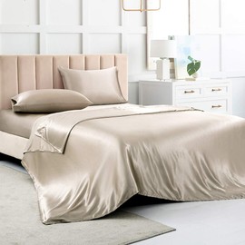 Satin Bed Sheets King Size Sheets, Taupe Silk Sheets, 4 - Pieces Soft Bedding Set with 1 Deep Pocket Fitted Sheet,1 Flat Sheet,2 Pillowcase