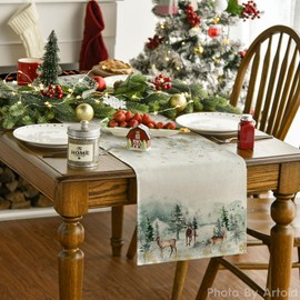 Artoid Mode Watercolour Reindeer and Tree Christmas Table Runner, Washable Modern Winter Kitchen Dining Table Decoration for Indoor and Outdoor, Holiday, Party, Living Room Decor, 40 x 140 cm