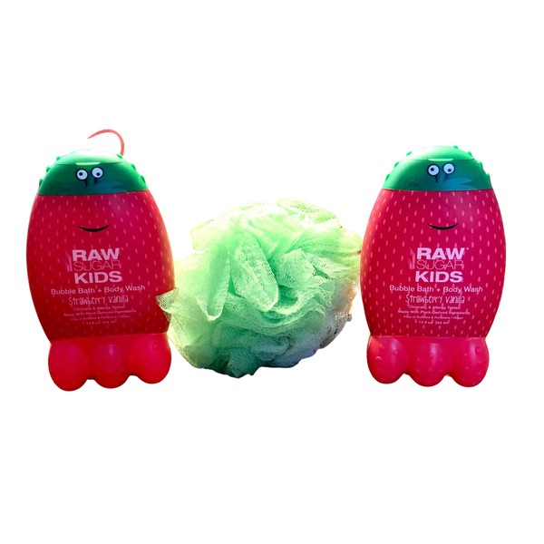 RAW Sugar Kids Bubble Bath and Body Wash Bundle: 2 Strawberry Vanilla (12 oz. ea.) + Green Loofah