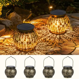 Bonsery Pack of 4 Solar Lanterns for Outdoors, IP65 Waterproof Solar Lights for Outdoor Garden, Standing & Hanging, Solar Light, Solar Lantern, Outdoor Oriental, Lantern Solar for Porch, Lawn, Yard