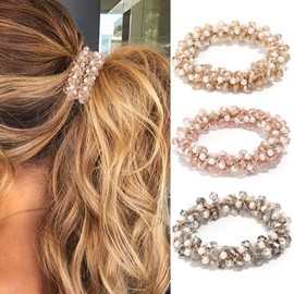 CAKURE Rhinestone Ponytail Holder Pearl Hair Ties Pink Elastic Hair Bands Beaded Glitter Hair Scrunchies Hair Accessories for Women and Girls (Pack of 3)