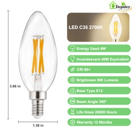 Depuley LED Light Bulbs E12: Candelabra Light Bulb 4W Candle Bulb Equivalent 40W Incandescent - Edison Vintage Bulbs Warmlight 2700K C35 Bulbs 500 LM 80+CRI Non-Dimmable 6-Pack