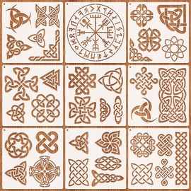 JSRQT 9Pcs Runes Stencils for Painting,Celtic Drawing Stencils Template, Reusable Viking Symbol Stencils Template for Painting On Wood, Stones, Fabric, Floor, Wall 7.9 Inches