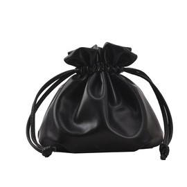 PETITCHOU Pouch, Pleat, Drawstring Shoulder, Diagonal, Compact, Small, Lightweight, Korean PU Leather, Black