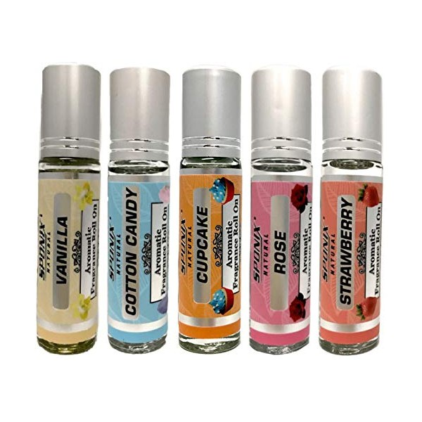Best Fragrance Oil Roll On Gift Set Vanilla, Cotton Candy, Cupcake, Rose and Strawberry 10 mL Each by Sponix