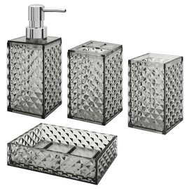Bathroom Accessories Set, 4 Pcs Bathroom Decor Bathroom Sets Accessories, Diamond Soap Dispenser, Bathroom Tumbler, Soap Dish and Toothbrush Holder Set, Boho Bathroom Decor Grey