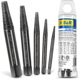 S&R Screw extractor set, 5 pieces, made in Germany, left-hand extractor with square head made of chrome vanadium steel, in practical box with suspension