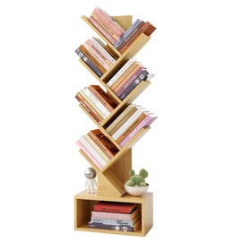 Hoctieon 6 Tier Tree Bookshelf, Tall Bookcase with Drawer, Freestanding Book Shelf, Display Floor Standing Storage Shelf, Book Organizer Shelves for Home Office, Living Room, Bedroom, Yellow