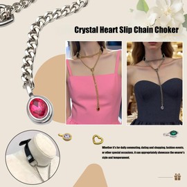 EverGlimp Adjustable Black Vegan Leather Choker Necklace with Heart Slip Chain & Crystal Drop – Punk Y-Necklace for Women, Statement Jewelry with Gold or Silver Chain, Gift Box Included