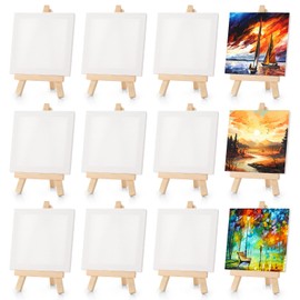 Zikenis Pack of 12 Mini Easels with Canvas, Small Canvases with Adjustable Mini Easel, 10 x 10 cm, Wooden Triangle Table Easel, for Display, Photos, Photo Albums, Posters, Memo and Children Painting
