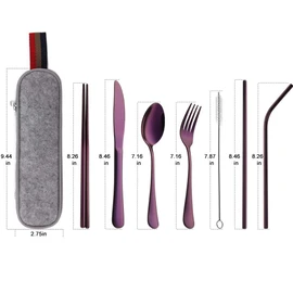 DEVICO Portable Utensils, Travel Camping Cutlery Set, 8-Piece including Knife Fork Spoon Chopsticks Cleaning Brush Straws Portable Case, Stainless Steel Flatware set (Purple)
