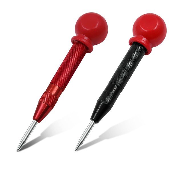 Center Punch 2PCS Professional Spring Loaded Automatic Anti-Slip High-Speed Steel Punch Tools 128mm Heavy Duty Center Hole Punch Black Red for Woodwork Aluminum Iron Metal Wall Wood Plastic Position