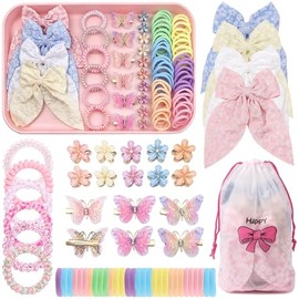 76Pcs Pink Little Girls Hair Accessories Set with Elastic Hair Ties Clips | Elastic Spiral Hair Ties for Thick Hair,Crystal Flower Hair Claws, Butterf