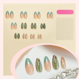 LOPMNGHT Press on Nails Medium Almond False Nails Stars Design Full Cover Coffin Nails Green French Artificial Stick on Nails Glossy Glue on Nails for Women DIY Manicure Kit 24Pcs