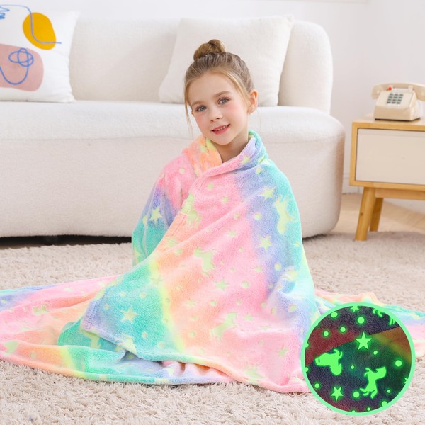 softan Kids Unicorns Throw Blanket Glow in The Dark, Kids Blanket Gifts for Girls & Boys, Soft Cozy Flannel Luminous Unicorns Blanket for Sofa Couch Bed, Christmas Birthday Gift for Kids, 50x60IN