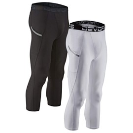 DEVOPS 2 Pack Men's 3/4 Compression Pants Athletic Leggings with Pocket (Large, Black/White)