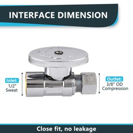 (Pack of 5) Seelink Sweat 1/4 Turn Straight Stop Valve, 1/2" Sweat x 3/8" OD Compression, Chrome Plated Brass(VALVE093-5Pack)