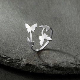 Dreamtimes Butterfly Rings for Women Dainty Butterfly Party Rings Adjustable Thumb Open Ring Promise Wedding Ring Minimalist Tail Finger Stacking Band Ring, Stainless Steel, No Gemstone