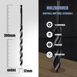 12 x 300 mm Wood Auger Drill Bit for Softwood, Hardwood with Centre Point and E 9.5 Shank