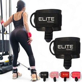 Elite Fitness Grilletes de Tobillo para Gimnasio, Correas de Cuero con Talonera, 2 Argollas de Agarre, Ultra Reforzados, Negro y Rosa (NEGRO)