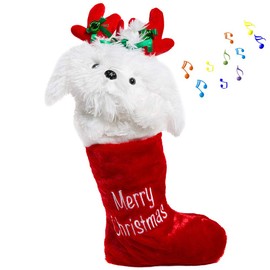 HollyHOME Christmas Stockings Animated Puppy Plush Head Stockings with Music and Flapping Ears Hanging Xmas Decoration Kids Gift Socks Ornament White 19 Inch
