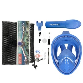 HEARTST Snorkel Mask, 180° Super Wide Angle, Kids Diving Mask, Full Face Mask, Anti-Fog and Leak Proof Diving Mask, Can Attach Sports Camera, Underwater Mask, Snorkeling Equipment, Free Breathing, Unisex, Kids Mask with Storage Bag (Blue)