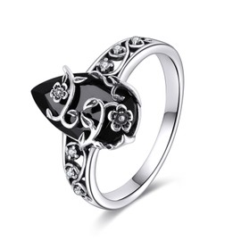 Hancock Flower Ring Sterling Silver Black Tourmaline Ring Crystal Healing Jewelry Spiritual Protection Gifts for Women 6#