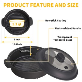 Microwave Grill Pan, Fry Griddle Crisper Pan with Lid for Grilling Browning and Crisping Foods Microwave Silicone Cookware for Meat Sandwich Vegetable Dark Grey