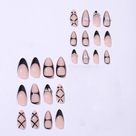 BABALAL Black Press on Nails Almond Fake Nails French Tip Glue on Nails Bow and Heart Charm Design Y2k Acrylic Nails Manicure Full Cover False Nails 24Pcs Stick on Nails