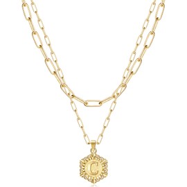 KissYan Initial Necklaces for Women, 14K Gold Plated Hexagon Letter Pendant Silver Chain Dainty Layered White Gold Paperclip Link Adjustable Capital A-Z Choker Necklace Trendy Jewelry Gifts