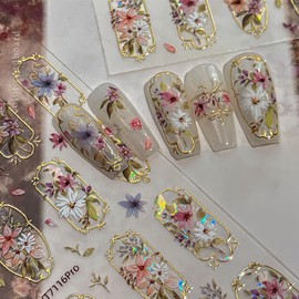 1 Sheets Spring Summer Flower Nail Stickers 5D Embossed Golden Edge Flower Nail Art Stickers Self-Adhesive Retro Palace Style Design Bohemian Style Floral Nail Decals for Women DIY Acrylic Manicure