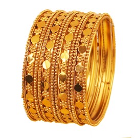 NEW! Touchstone "Golden Bangle Collection" Indian Bollywood Floral Work And Beaten Metal Designer Jewelry B angle Bracelets. Set of 12. In Antique Gold Tone For Women.