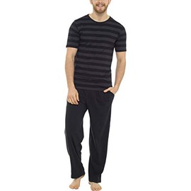 Tom Franks Mens Stripe Cotton Jersey Long Pyjamas Grey & Black Medium