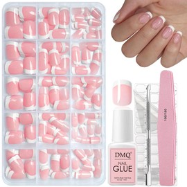 DMQ French Press on Nails Kit - 240Pcs Square False Nails Short - Fake Nails White Tip French False Nail Kit - Full Cover Stick on Nail with Glue for Women Girls DIY Nail Art Manicure - 15 Sizes