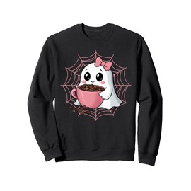 Cute Ghost with Pumpkin, Bow and Coffee Spider Web Sweatshirt