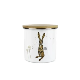 Purely Home Hares Tea Storage Canister - Hare And Dandelion Animal Floral White Metal Enamel Medium Sized Food Storage Container