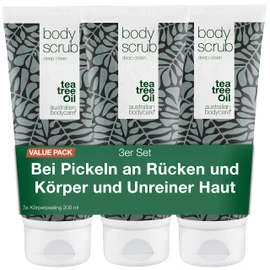 3 x Body Scrub 200 ml with Tea Tree Oil | Against Pimples, Blemished Skin, Ingrown Hair, Grater Skin and Strawberry Legs | 100% Natural and Vegan | Dermatologically Tested